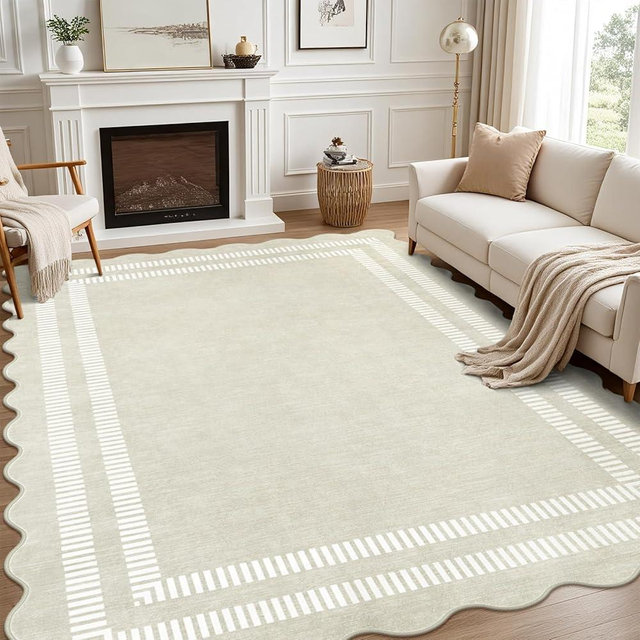 LORWER Washable 8x10 Area Rugs for Living Room, Solid Ivory Large Bedroom Rug Non-Slip Dining Room Rugs, Soft Scalloped Carpet for Nursery Kids Room Office