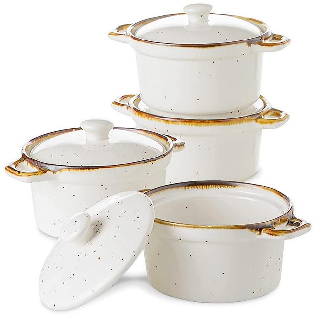 ONEMORE Ramekins with Lids, 12 oz Ceramic Small Casserole Dish with Handles for Baking Creme Brulee Soup, Oven Safe Mini Dutch Oven Rustic Cocotte Set of 4 for Individual Serving, Creamy White