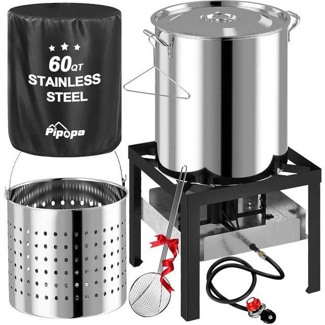 60QT Stainless Steel Crawfish Boiler | Seafood Boiling Kit | Cover & Skimmer Included | 110,000BTU Propane Jet Burner | 0-20 PSI CSA Certified Regulator | Crab Boil Pot for Outdoor Backyard Cooking