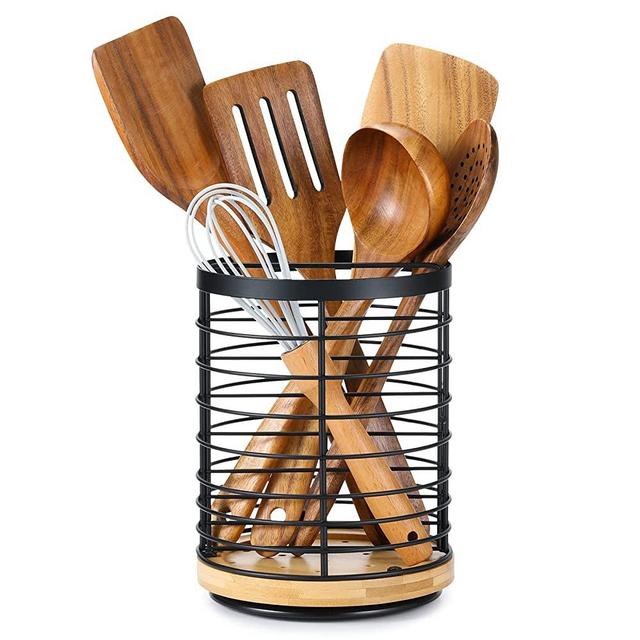 360° Rotating Utensil holder for Kitchen Counter - 5.9" x 5.9" x 7.8" Large Round Utensils Holder with Wooden Base Matte Black Cooking Utensil Holder，Kitchen countertop Utensil Organizer (Rotating+Metal+Bamboo)