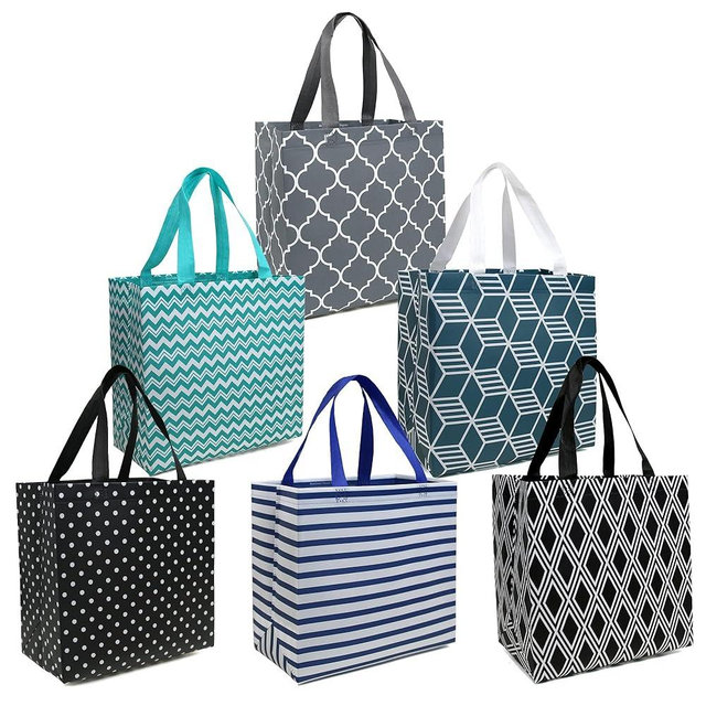 BeeGreen 6-Pack Foldable Reusable Grocery Bags – Large Cloth Tote Bag with Handles, Bulk Shopping- Bags in Geometric Design, Shopping Baskets, Utility Reusable Gift for Groceries