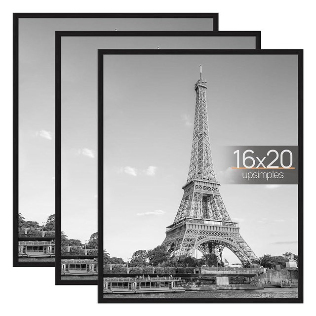 upsimples 16x20 Frame Black 3 Pack, Poster Frames 16 x 20 for Horizontal or Vertical Wall Mounting, Scratch-Proof Wall Gallery Photo Frame