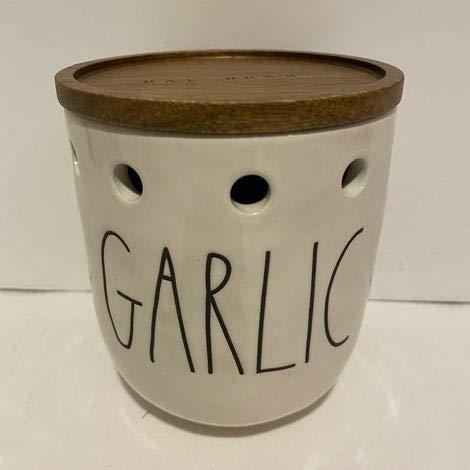 Rae Dunn GARLIC Cellar with wooden lid - Ceramic - 4.5 in tall x 4 in diameter