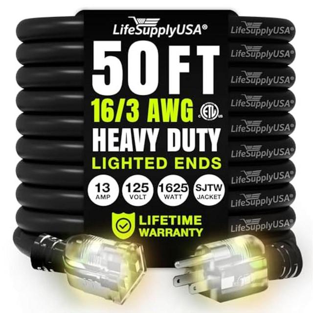 50ft Outdoor/Indoor Extension Cord 16/3 Gauge Heavy Duty 3 Prong SJTW, Waterproof, ETL Listed, Flexible Cold-Resistant Long Power Cord,13A 125V 1625W, Black by LifeSupplyUSA