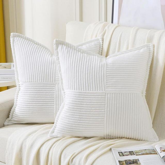 HAUSSY Pure White Throw Pillow Covers 20x20 Inch Set of 2,Soft Solid Corduroy Striped/Wide Bordered,Square Decorative Cushion Case,Winter Home Decorations for Couch,Bed
