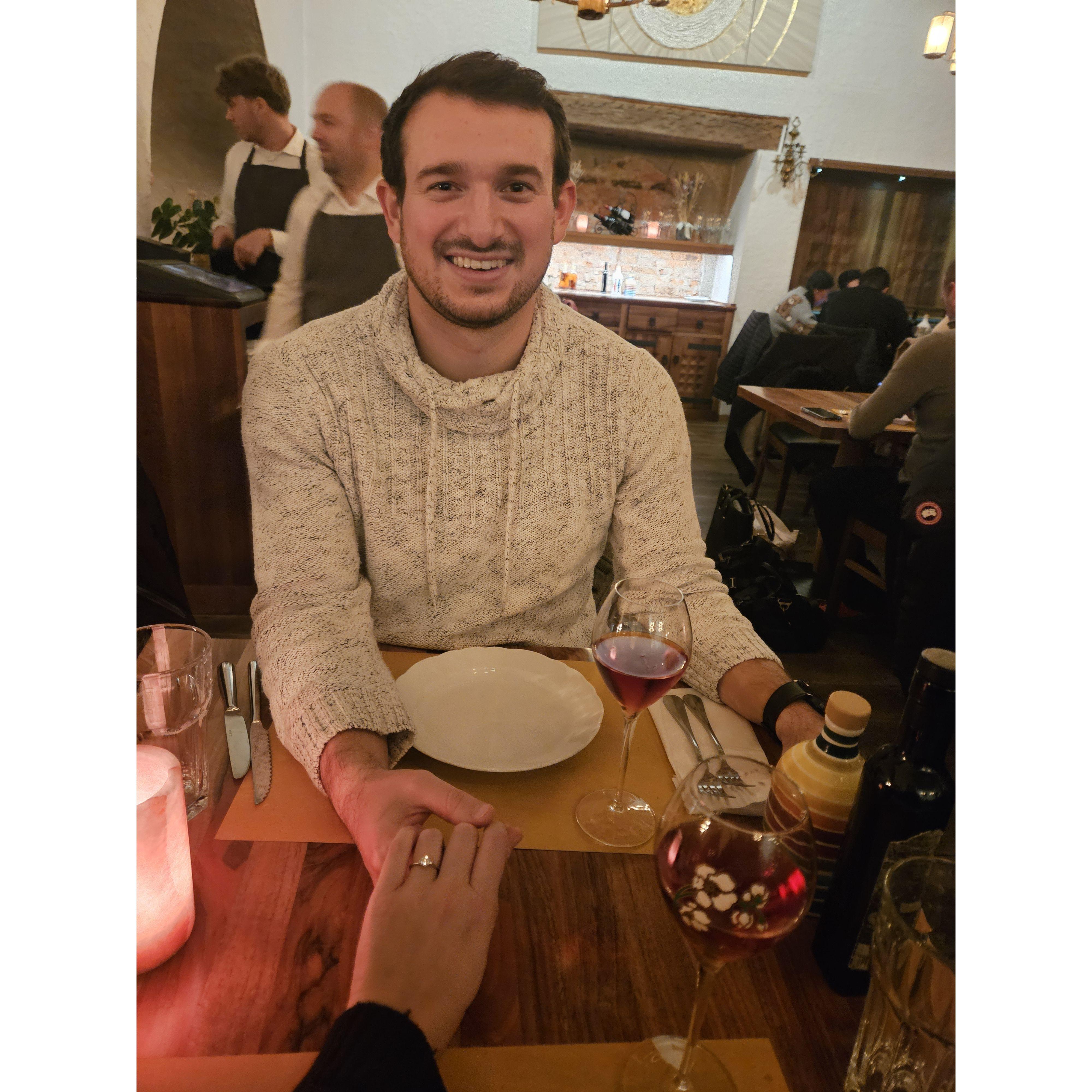 Our first meal post-proposal: Rosé and beef carpaccio. Lucerne, Switzerland