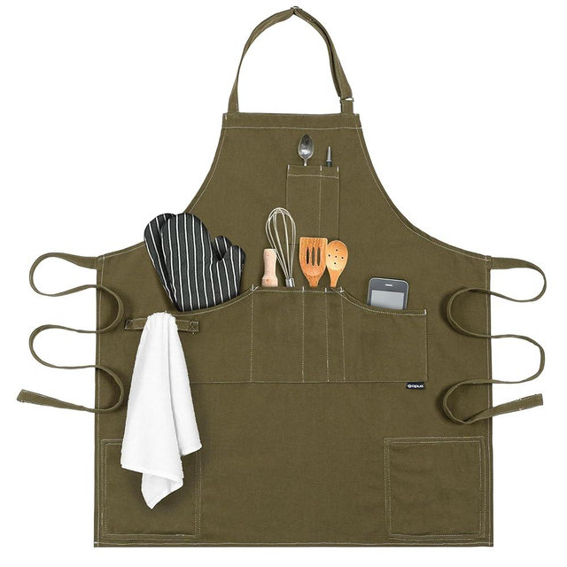 opux Chef Apron for Men, Kitchen Apron with Pockets for Women, Large Unisex Canvas Apron for Cooking Grilling BBQ Baking.