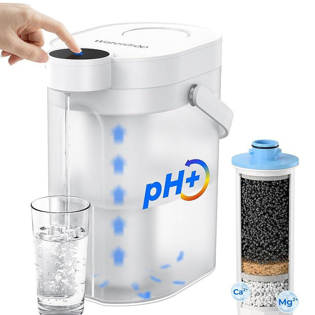 Waterdrop Alkaline Rechargeable Water Filter Dispenser, 6-Stage Instant Electric Powerful Pitcher, Healthy Mineralized Alkaline Water, 15-Cup Portable Countertop System, Does not Lower TDS
