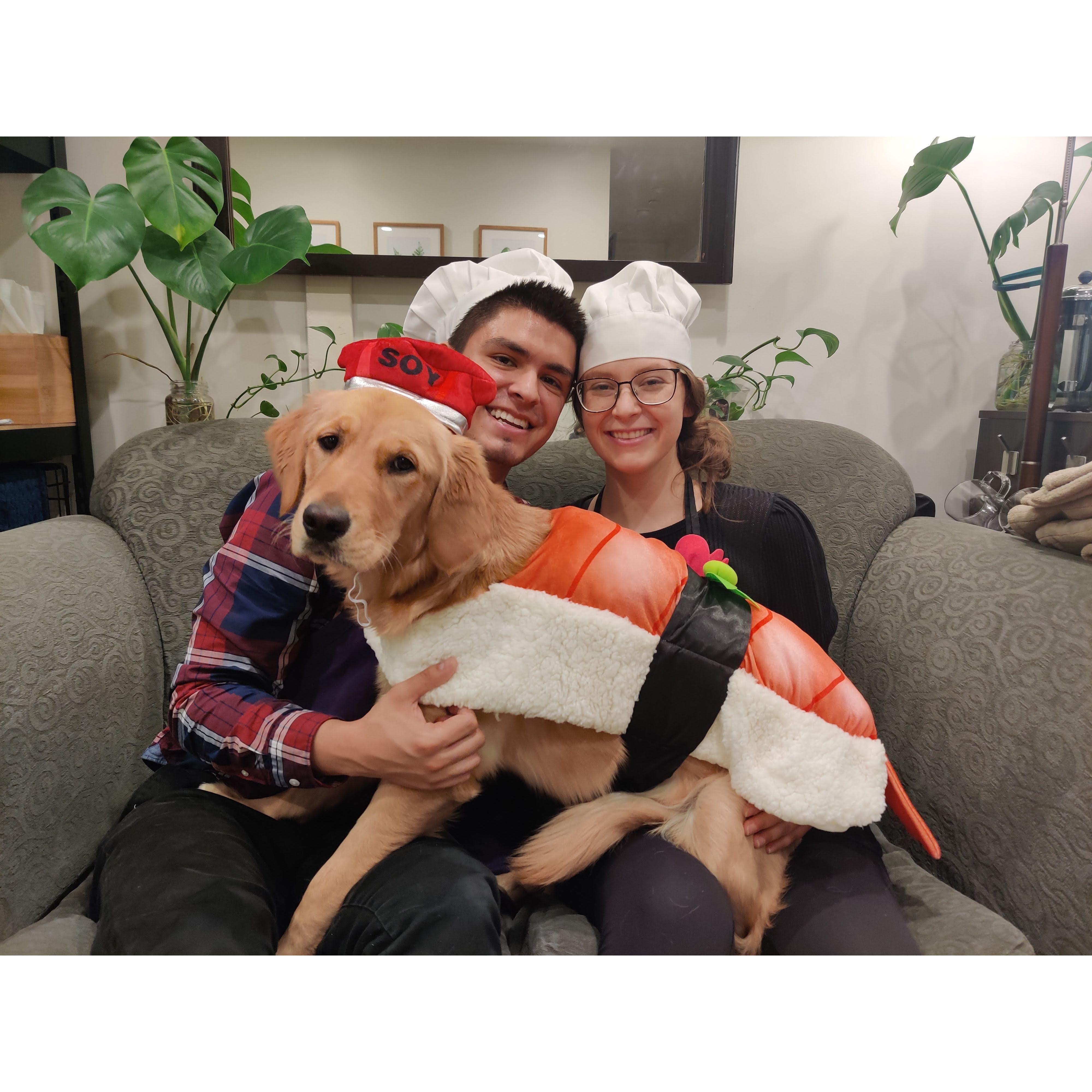 Two chefs and a sushi dog.