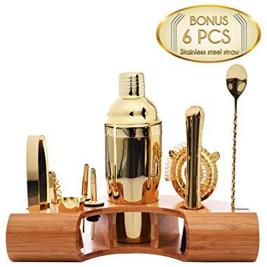Omishome Premium Bartender Mixology Kit - Multipiece Gold Finish Stainless Steel Cocktail Shaker Set with Bamboo Stand and 6 BONUS Steel Straws! The Perfect Home Bar Tools Gift and Boston Shaker!