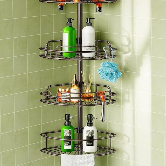 HAMITOR Corner Shower Caddy Tension Pole: 4-Tier Rust-Resistant Adjustable Bathroom Organizer Shelves - 47-121 Inch No-Drill Quick Installation - Space-Saving Storage for Renters Families - Bronze