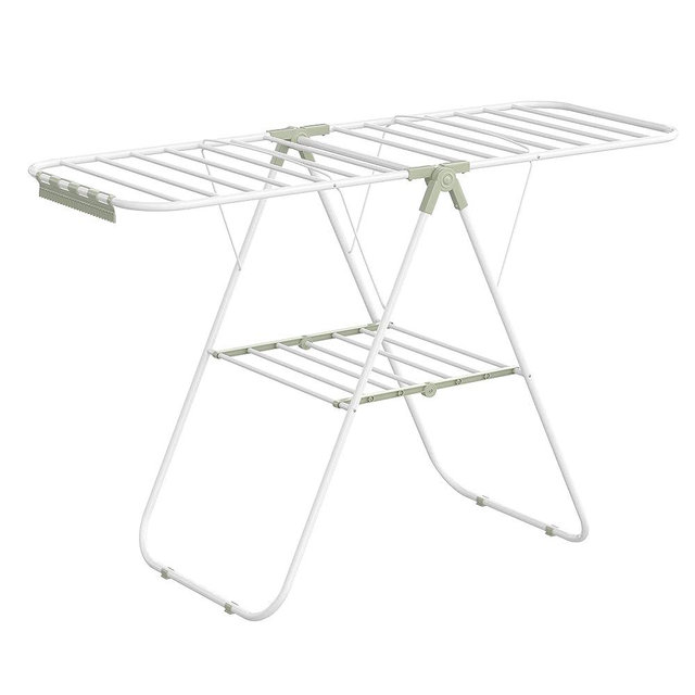 SONGMICS Clothes Drying Rack, with Sock Clips, Metal Laundry Rack, Foldable, Space-Saving, Free-Standing Airer, with Height-Adjustable Gullwings, Indoor Outdoor Use, White and Green ULLR052C01