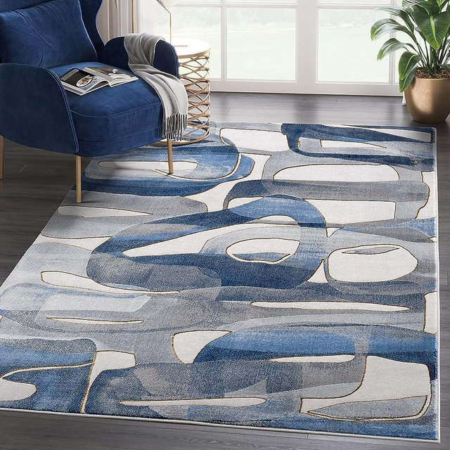 Abani Unique Blue & Grey Modern Circles Design Area Rug - Contemporary Asymmetric Print Non-Shed 5’3” x 7’6” (5'x8') Living Room Rug Rugs