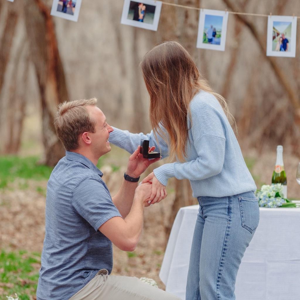 The proposal! Ammon proposed at South Fork Park in Provo Canyon. Thanks to @infocus_oak for the beautiful photos! (March 14, 2026)