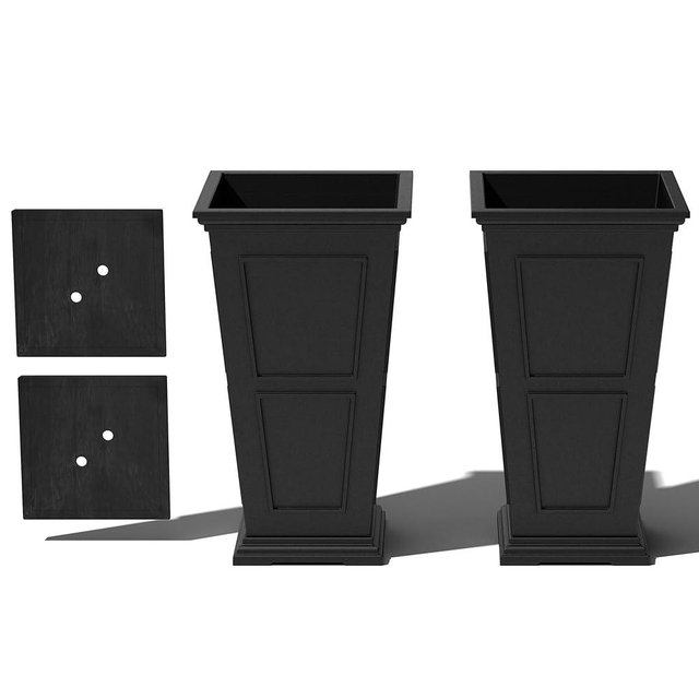 Veradek Brixton Series Tall Plastic Planter (Black, 26" H x 14.75" W x 14.75" L - 2 Pack with Shelf)