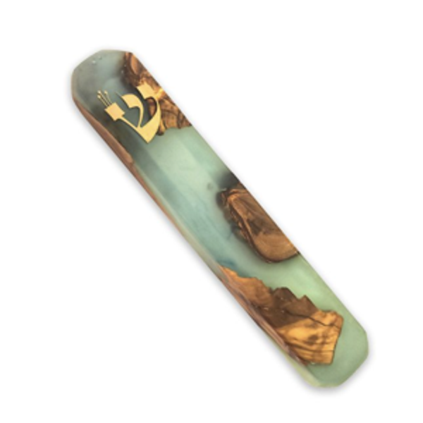 Olive Wood and Resin Mezuzah by Eial Ovin: Turquoise