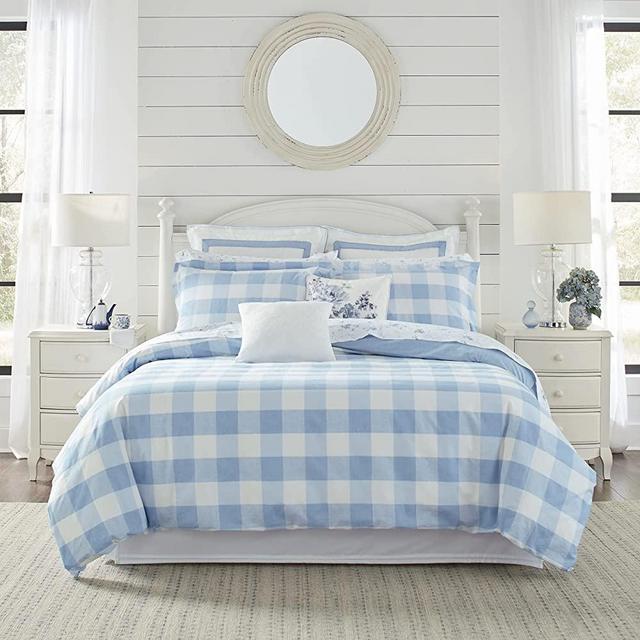 Laura Ashley Home- Twin Duvet Cover Set, Cotton Reversible Bedding with Matching Sham(s), Gingham Check, Farmhouse Home Décor (Twin), Cynthia Blue/White