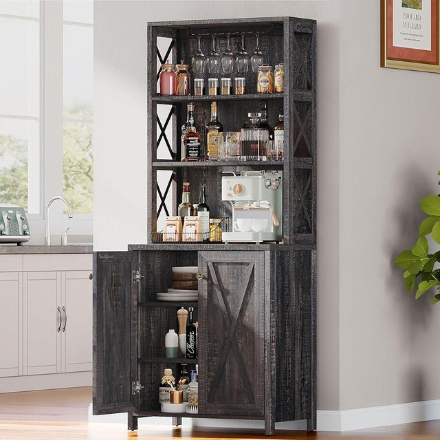DWVO 67" Tall Wine Bar Cabinet for Liquor and Glasses, Farmhouse Kitchen Cabinet Coffee Bar with Adjustable Shelves, Open Storage Shelves, Buffet Kitchen Cabinet for Dinning Room, Kitchen, Rustic Oak