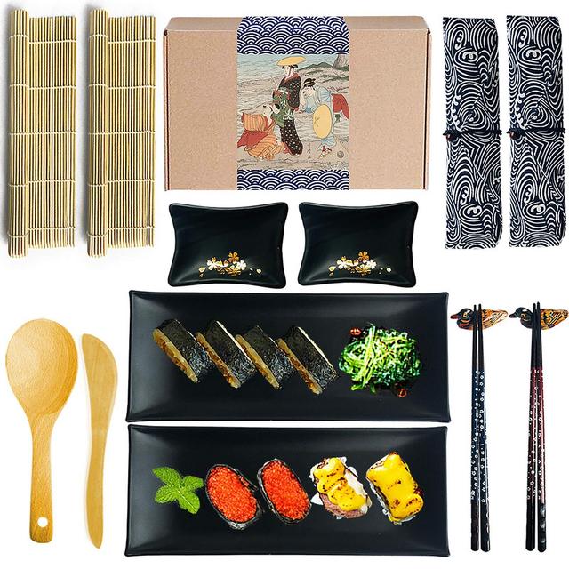 Artcome Sushi Making Kit DIY Sushi Set With 2 Bamboo Rolling Mats, 2 Sushi Plates, 2 Sauce Dishes, 2 Pairs of Chopsticks, 2 Chopsticks Holders, 2 Tableware Bags, 1 Paddle and 1 Spreader(14 pack)
