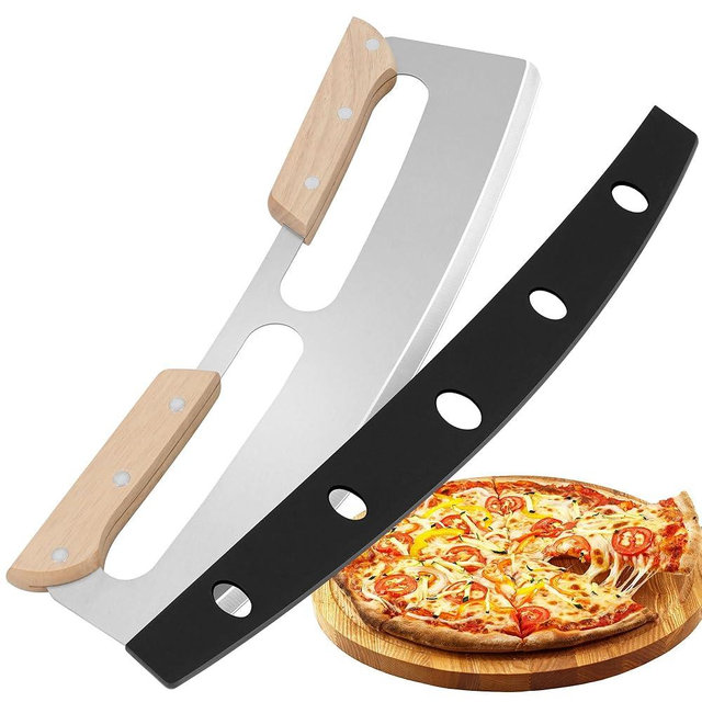 Gicyiit Pizza Cutter Rocker Blade with Wooden Handle, Premium 14inch Pizza Knife Rocker Cutter with Sharp Stainless Steel Blade and Protective Cover, Slicing Through Crust in One Single Rocking Motion