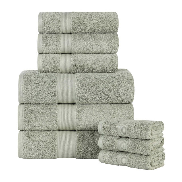 Organic Cotton Medium Weight Solid 9 Piece Towel Set, Sage - Blue Nile Mills
