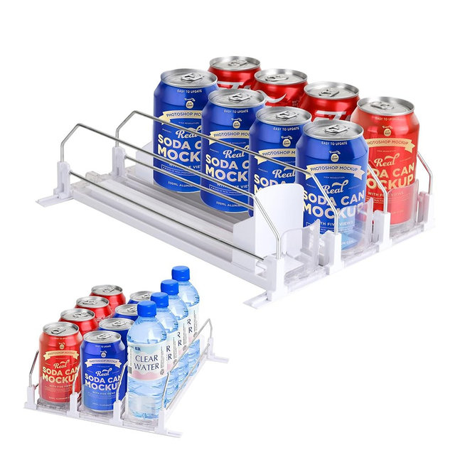 MATUFF Drink Organizer for Fridge, Upgrade self locking push buttonfor Soda Can Dispenser for Refrigerator, Automatic Pusher Glide and Adjustable Width Can Fridge Organizer Hold up to 12 Cans 3 Rows