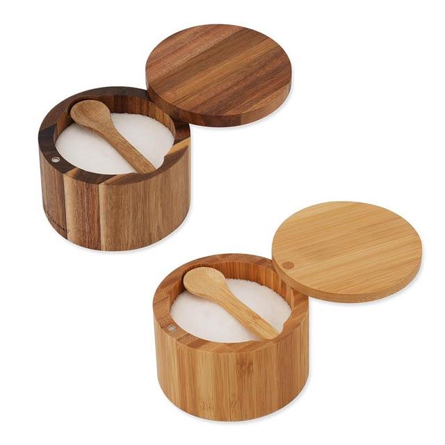 KITCHENDAO Acacia and Bamboo Salt Cellar Bowl Box with Built-in Spoon to avoid Dust, Elegant Kitchen Salt Container Holder with Swivel Magnetic Lid to Storage Pepper Spice Bath Salt Sea Salt, 6OZ