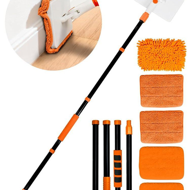 4-in-1 Baseboard Cleaning Tool with Extendable Handle 5 Reusable Pads 1 Carpet Rake Stiff Bristle Brush Multi-Surface Baseboard Brush for Cleaning Baseboard Wall Carpet Floor Bathroom Kitchen Pet Hair