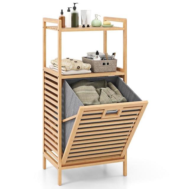 Giantex Tilt Out Laundry Hamper, Bamboo Laundry Storage Cabinet with 2-Tier Storage Shelves, Foldable & Removable Basket, Freestanding Laundry Basket Organizer for Bathroom, Laundry Room, Natural