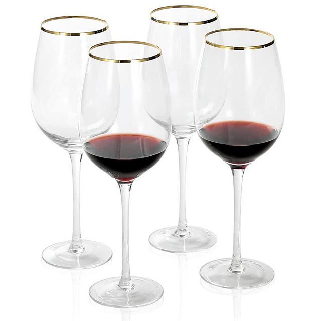 EVEREST GLOBAL Gold Rim Wine Glasses 21.0 oz set of 4 Hand Blown Crystal Clear with Golden Rim