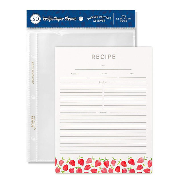 Jot & Mark Recipe Card Paper Full Page 8.5x11 with Crystal Clear Page Protectors for 3 Ring Binder, 30 Count (Strawberry Wilds) - Recipe Cards