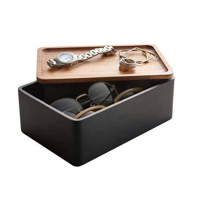 Yamazaki Home Rin Accessory Box With Wooden Lid For Jewelry, Watches, Or Sunglasses - Polystone