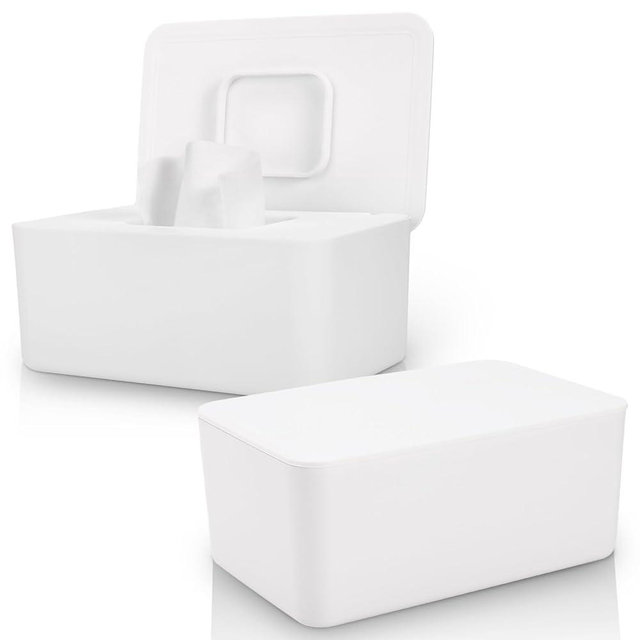 2 Pack LEQXGO Baby Wipes Dispenser, Wipes Dispenser Baby Wipes Case, Baby Wipe Holder for Fresh Wipes, Non-Slip Wipes Case, Wipe Container with Sealing Design Lid (White and White)