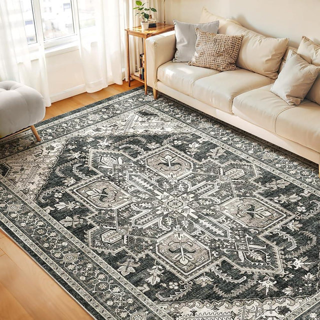WITSHOCK Area Rugs 8x10 Machine Washable, Boho Rug for Living Room Bedroom, Ultra-Soft Non-Slip Stain Resistant Vintage Rugs for for Kitchen Dining Room Office Home Decor, Bitter Black