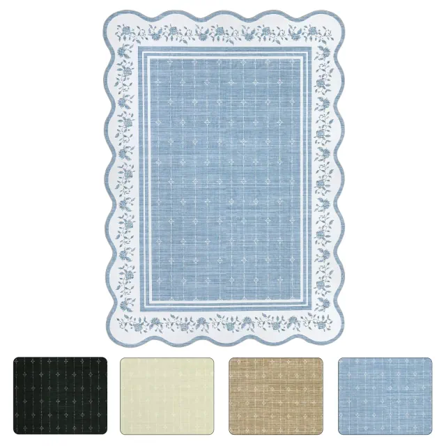 8'x10' Washable Scalloped Living Room Bedroom Rugs, Indoor Modern Non Slip Dining Room Rugs, Low Pile Floral Print Throw Carpet for Home Decor, Blue