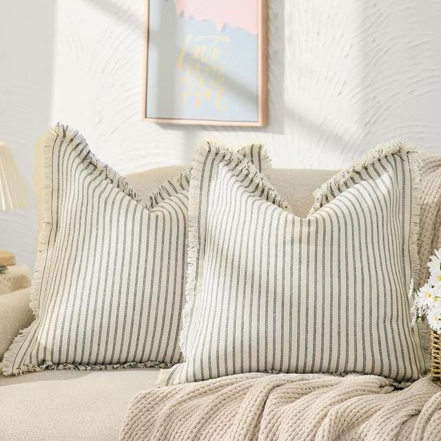 ZWJD Throw Pillow Covers 20x20 Set of 2 Striped Pillow Covers with Fringe Chic Cotton Decorative Pillows Square Cushion Covers for Sofa Couch Bed Living Room Farmhouse Decor