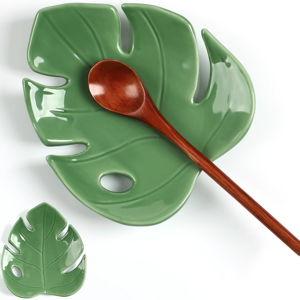 Honeydak Ceramic Spoon Rest for Kitchen Counter Monstera Leaf Shaped Tray Decorative Spoon Rest Tea Bag Dish Tea Light Holder