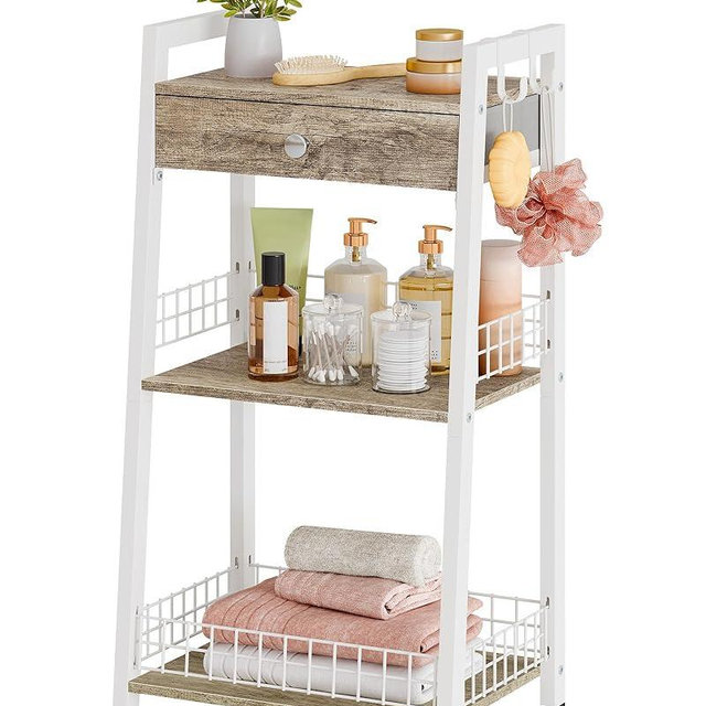 Gewudraw 3-Tier Bathroom Ladder Shelf with Drawer, Bathroom Floor Storage Shelf, Freestanding Tower Shelf Ladder Bookshelf for Living Room, Bathroom, Bedroom -White