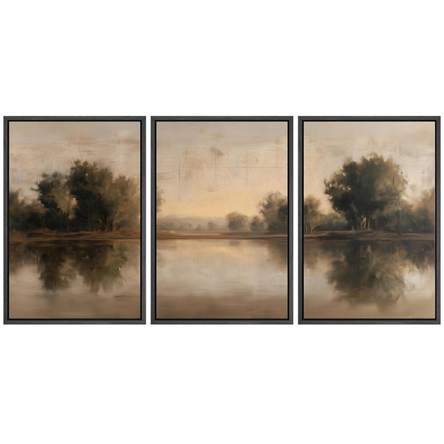 MUDECOR Framed Wall Art Print Set Neutral Tone Lake Reflection Landscape Illustrations Modern Art Boho Decorative Colorful Chic for Living Room, Bedroom, Office - 16"x24"x3 BLACK