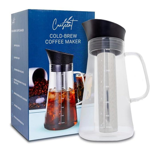Cuiscent Cold-Brew Coffee Maker, 1350ml capacity,Stainless Steel 304 filter, includes cleaning brush