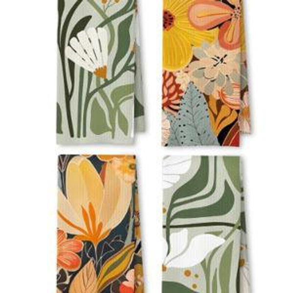 Abstract Boho Floral Kitchen Towels, Colorful Modern Abstract Flower Dish Tea Towel for Kitchen Decor, Boho Floral Botanical Hand Towels for Bathroom Decor, 16x24 Inches Set of 4