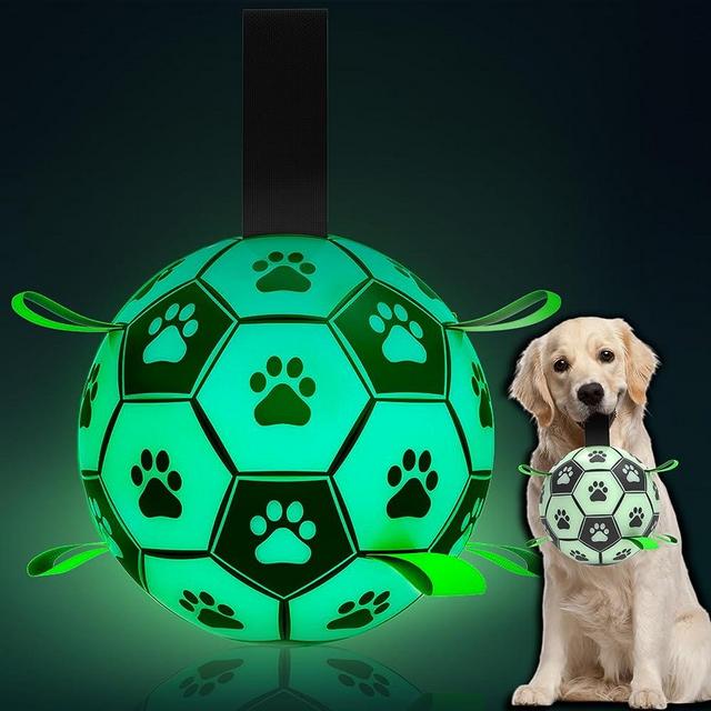 QDAN Glow in The Dark Dog Toys Soccer Ball with Straps, Interactive Dog Toys Puppy Birthday Gifts, Dog Tug Water Toy, Indoor/Outdoor Light Up Dog Balls for Small & Medium Dogs（8 Inch Size 3）