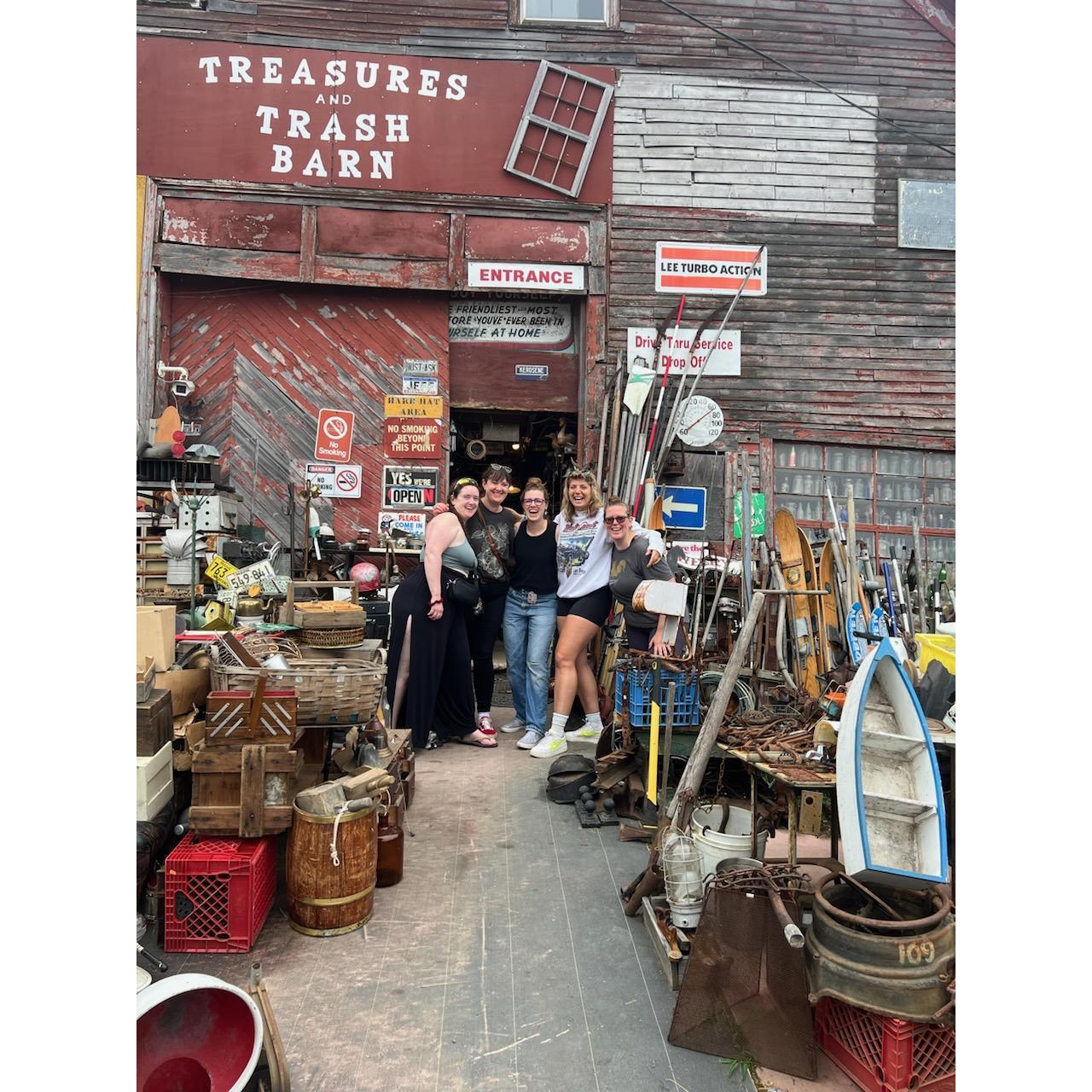 Kayla and her bridesmaids (missing Rachel!) visiting Treasures & Trash Barn in Searsport, ME at the end of the bachelorette party weekend.
