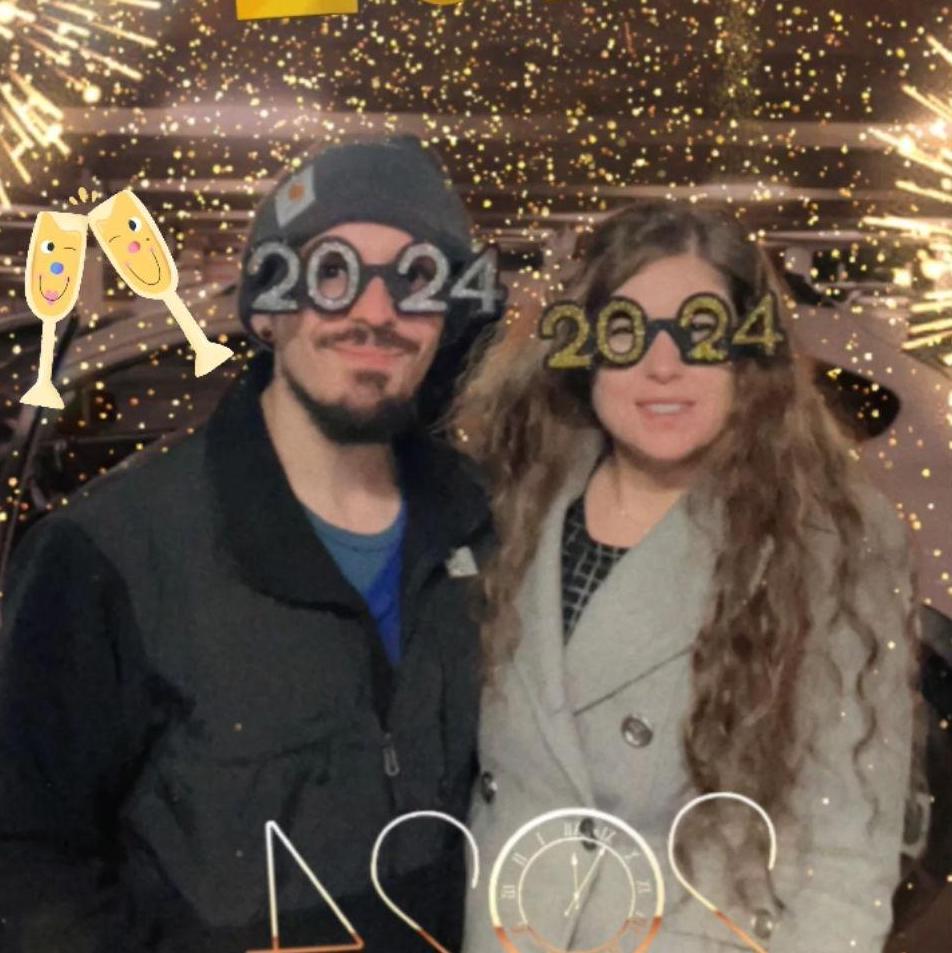 January 1, 2024: Caitlin brought the party to Joshua on his lunch break at work where they were able to be together at the stroke of midnight.