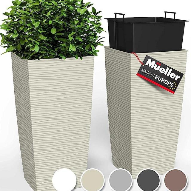 Janska by Mueller M-Resin Heavy Duty Tall Planter, Indoor/Outdoor Grande Plant, Tree, Flower Pot, 2-Piece Set, 27.5”, Modern Design, Built-in Drainage, Beige