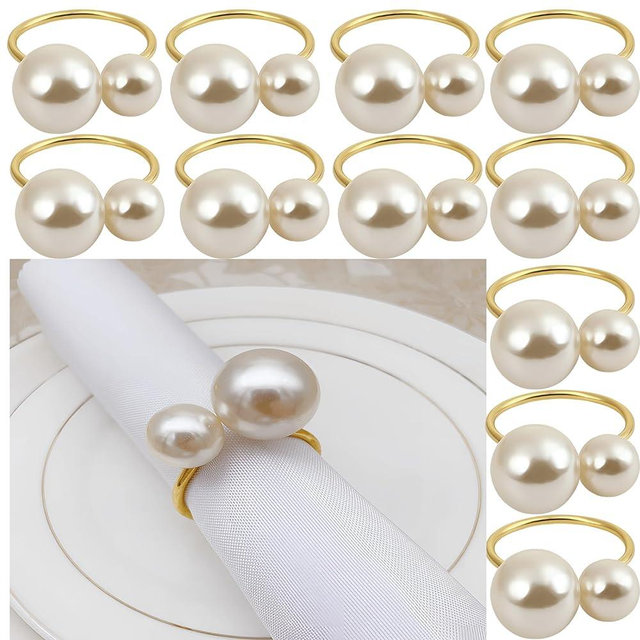 SHIONSON Set of 12 Napkin Rings for Dinning Table Setting- Pearl Napkin Rings for Holiday Party, Home Kitchen for Casual or Formal Occasion,Wedding Party Dinner Table Decoration… (Pearl, 12pcs)