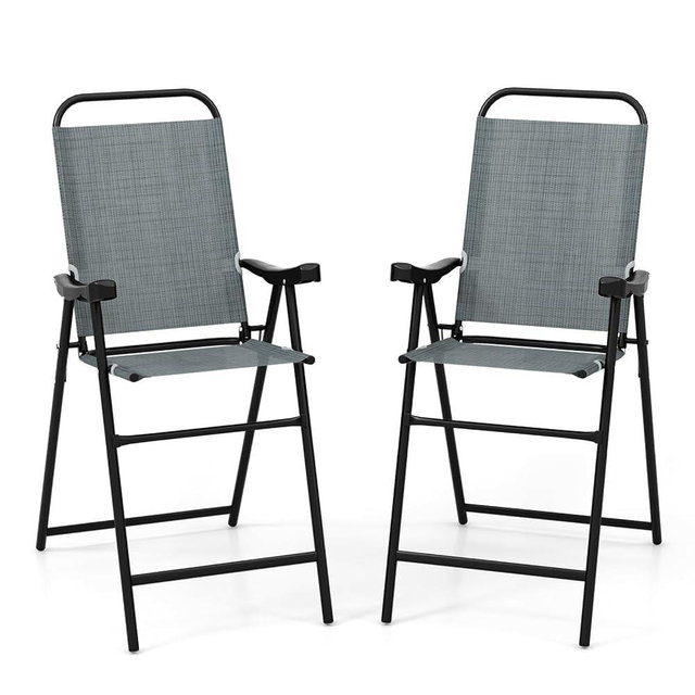 COSTWAY 2 Pieces Patio Folding Bar Chairs, High Top Patio Bar Chair with Metal Frame & Footrest, Outdoor Counter Height Chairs for Balcony, Garden & Poolside (1, Blue)
