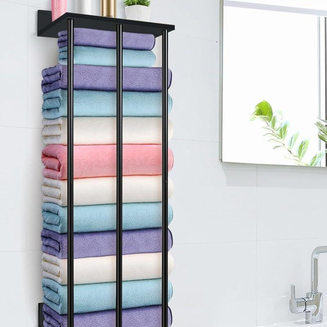 WeGXY Towel Racks for Bathroom Wall Mounted with Wooden Storage Shelf, Updated 3 Bar Metal Towel Holder for Rolled Towels, Sturdy and Large Capacity, Towel Storage Organizer-Black