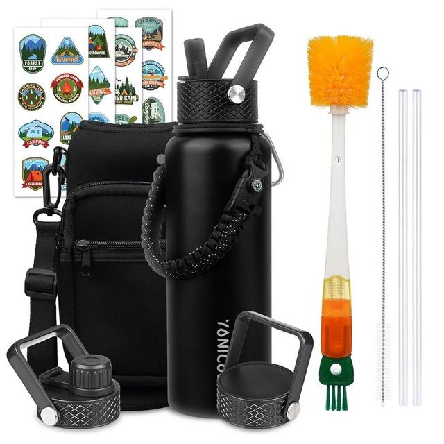 YONICOER Insulated Water Bottle 40oz,Triple Wall Vacuum Stainless Steel(Dishwasher Safe),Leak Proof & Non-BPA,Flask Jug with Paracord Handle & Straw Spout Lids Sports Black
