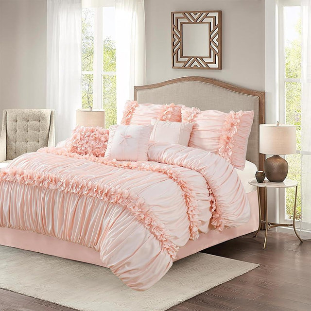 Homechoice Decor 7 Pieces Elegant French Country Bed in a Bag, Peach Pink Handmade Bow Tie Fluffy Bed Comforter with Down Alternative Filling, Vintage Ruched Bed Sets for Bedroom, King (LQ-33)